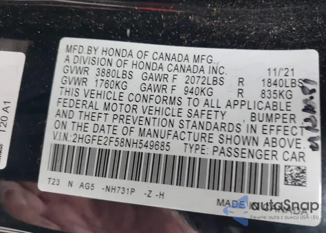 2022 Honda Civic Sport from USA, damaged, VIN 2HGFE2F58NH549685